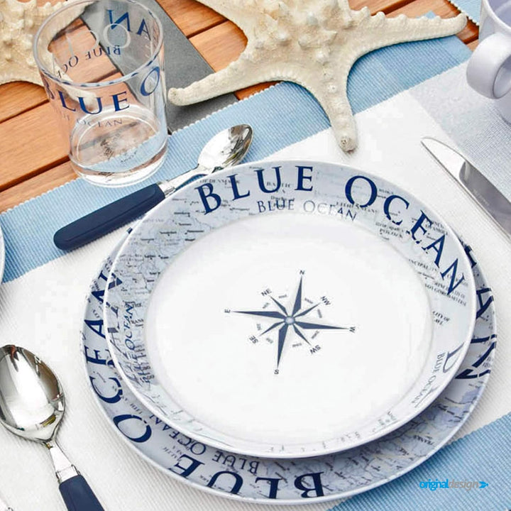 BRUNNER - Campinggeschirr Melamin Maritim (Set: 12, 16 oder 36 Teilig), 4 Personen - Blue Ocean - Ho