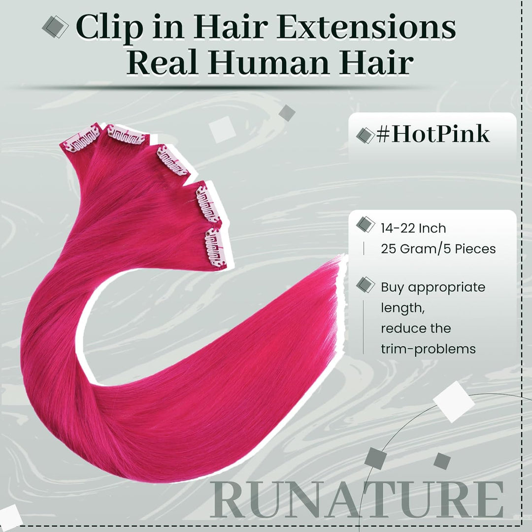 RUNATURE Clip Extensions Echthaar Hot Pink Natural Hair Extensions Clip in 50cm 5pcs Pink Haarverlän