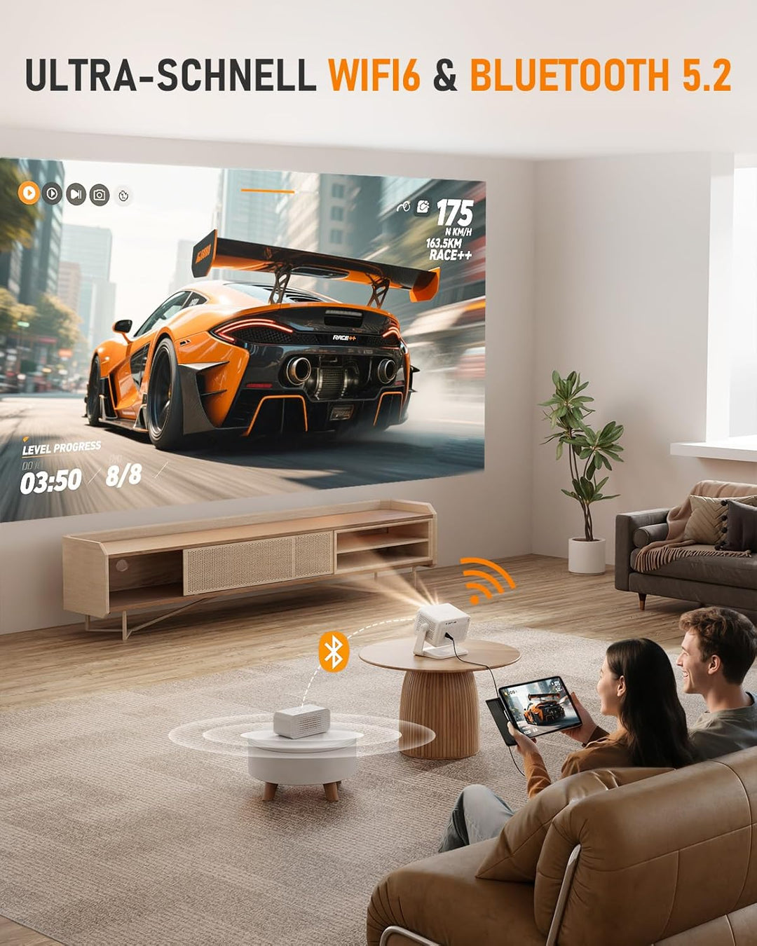 Smart Mini Beamer【Netflix Offiziell ＆ Autofokus / 6D Trapezkorrektur 】 27000L WiFi6 Bluetooth Beamer