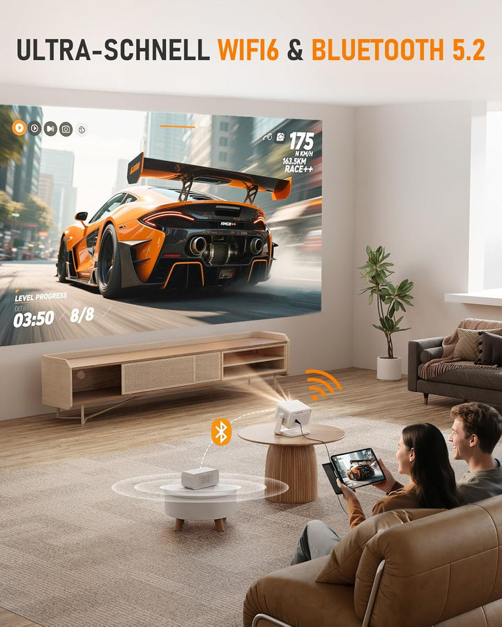 Smart Mini Beamer【Netflix Offiziell ＆ Autofokus / 6D Trapezkorrektur 】 27000L WiFi6 Bluetooth Beamer