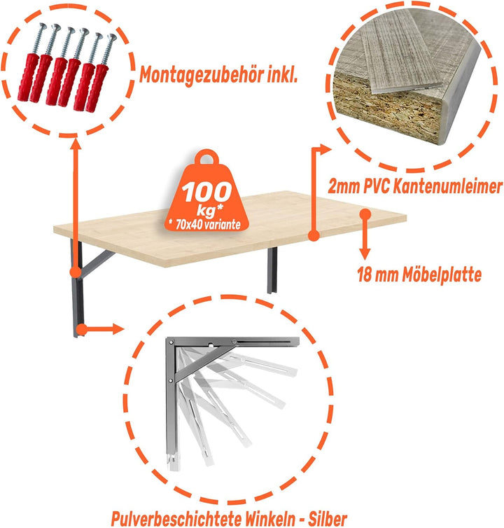 AKKE 100x40 | Wandklapptisch Klapptisch Wandtisch Küchentisch Schreibtisch Kindertisch | AHORN 100x4