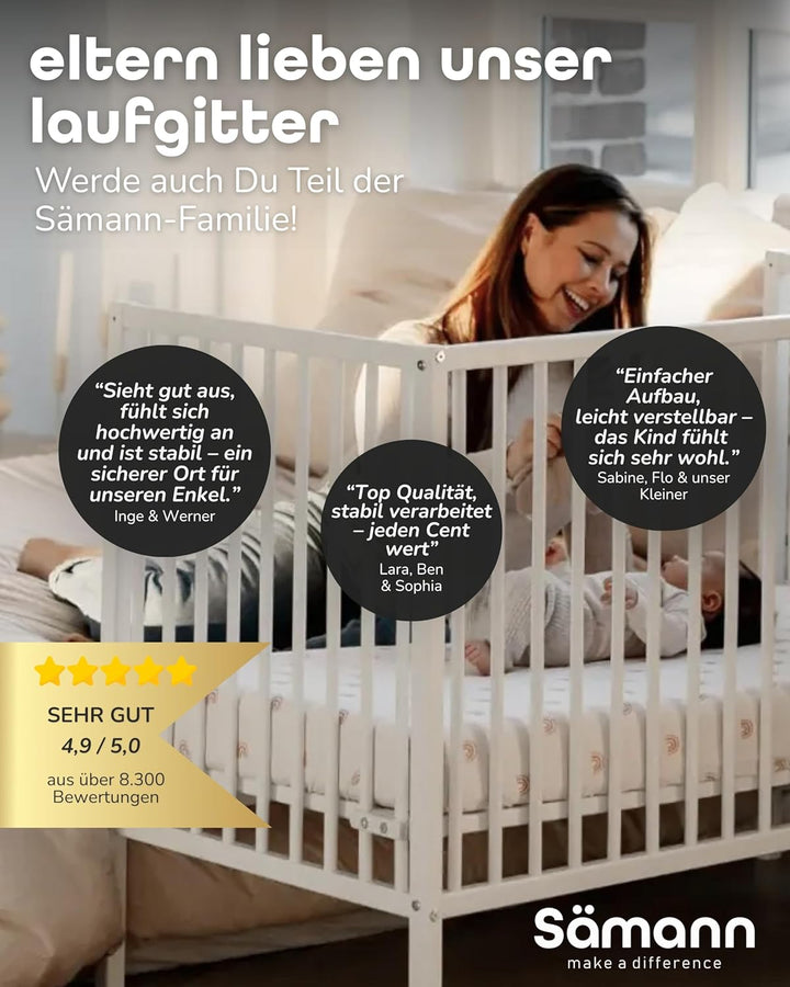 Sämann Baby Laufstall aus Holz I Weiss 75x100 cm I Inkl. Matratze Cloud Air, Lattenrost & 3 Schlupfs