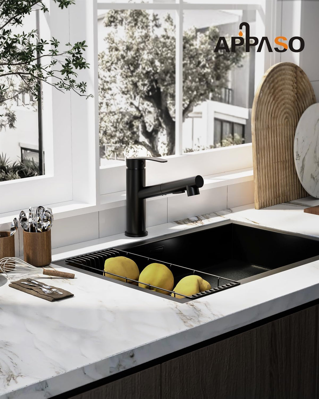 APPASO Wasserhahn Küche Schwarz, Hochdruck Küchenarmatur Ausziehbar, Spültischarmatur Küche mit 2 St