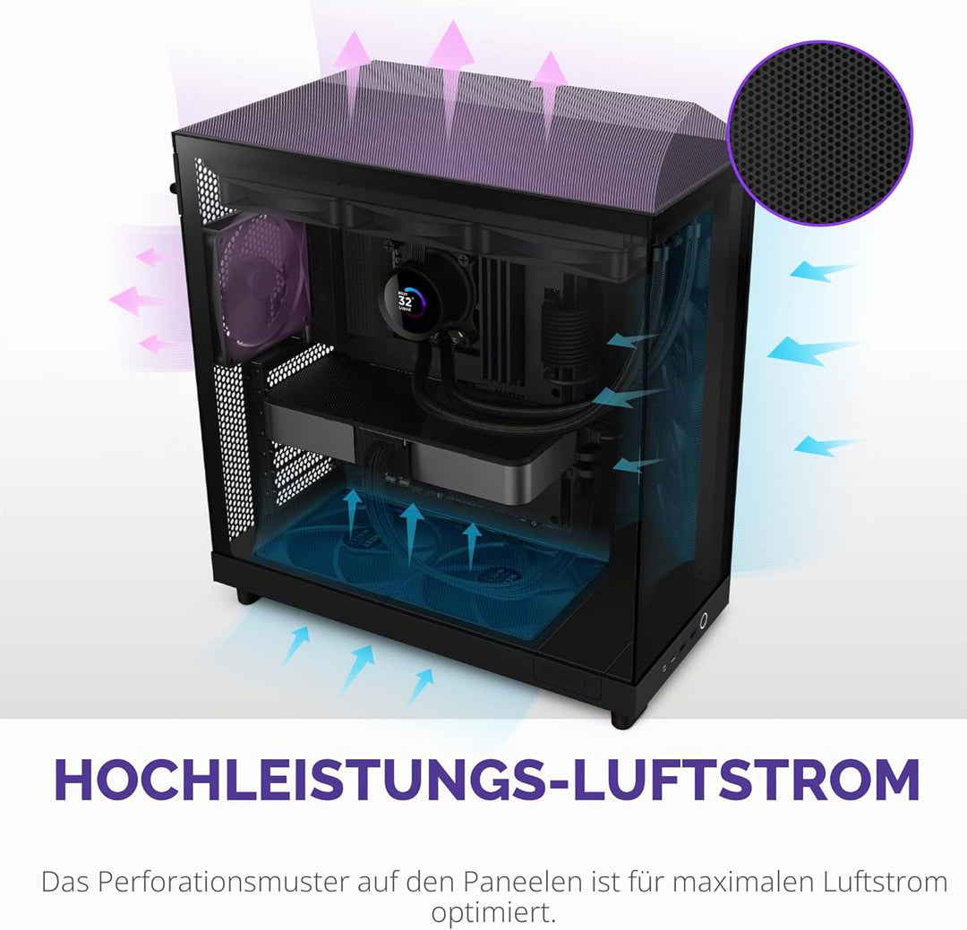 NZXT H6 Flow | CC-H61FB-01 | Kompaktes Mid-Tower Gehäuse mit zwei Kammern | Glaspaneele mit Panorama