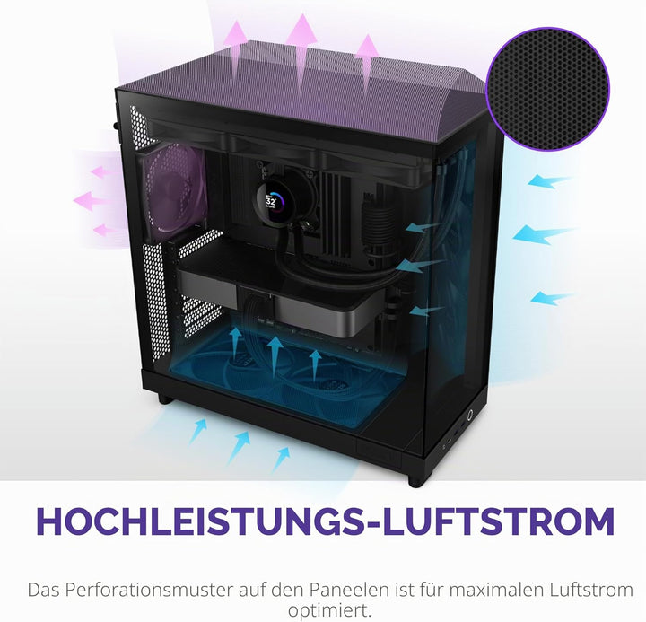 NZXT H6 Flow | CC-H61FB-01 | Kompaktes Mid-Tower Gehäuse mit zwei Kammern | Glaspaneele mit Panorama