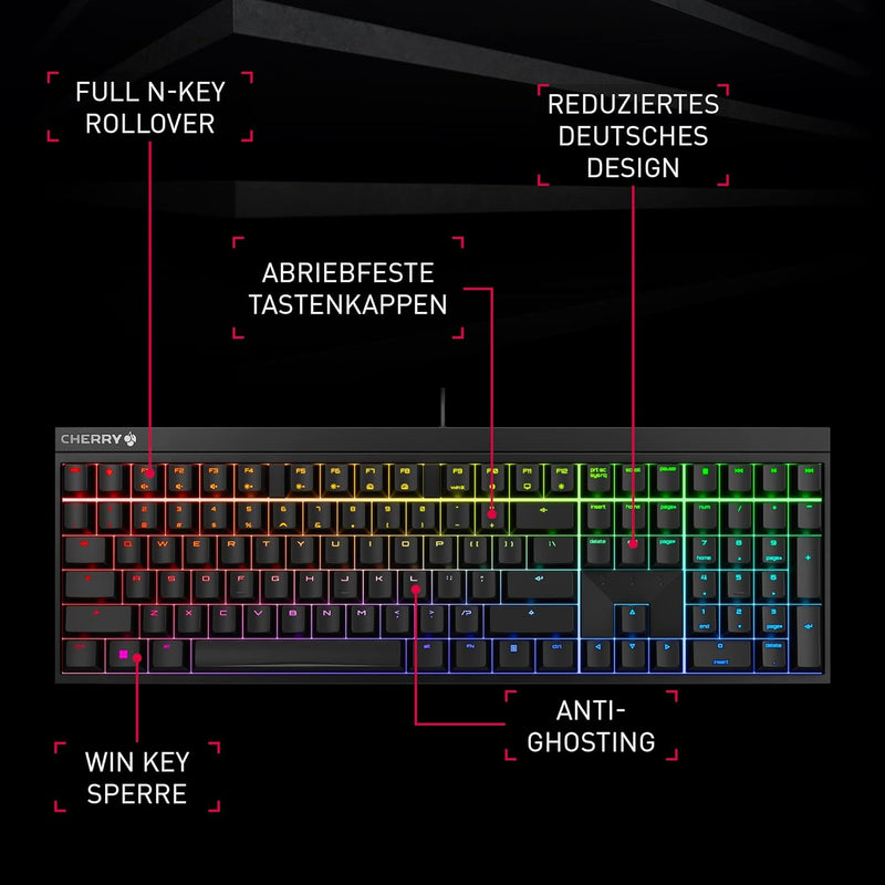 CHERRY MX 2.0S, kabelgebundene Gaming-Tastatur mit RGB-Beleuchtung, Deutsches Layout (QWERTZ), MX RE