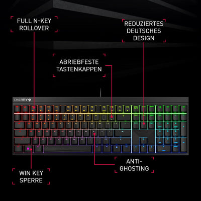 CHERRY MX 2.0S, Kabelgebundene Gaming-Tastatur mit RGB-Beleuchtung, Deutsches Layout (QWERTZ), Desig