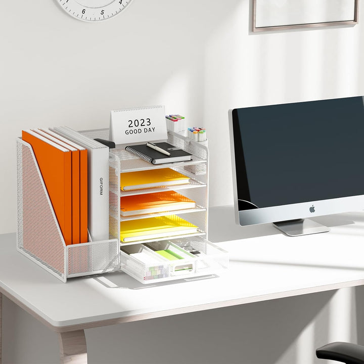 Schreibtisch Organizer mit Aktenhalter, 5-stufiger Papier Organizer mit Schublade und 2 Stifthaltern