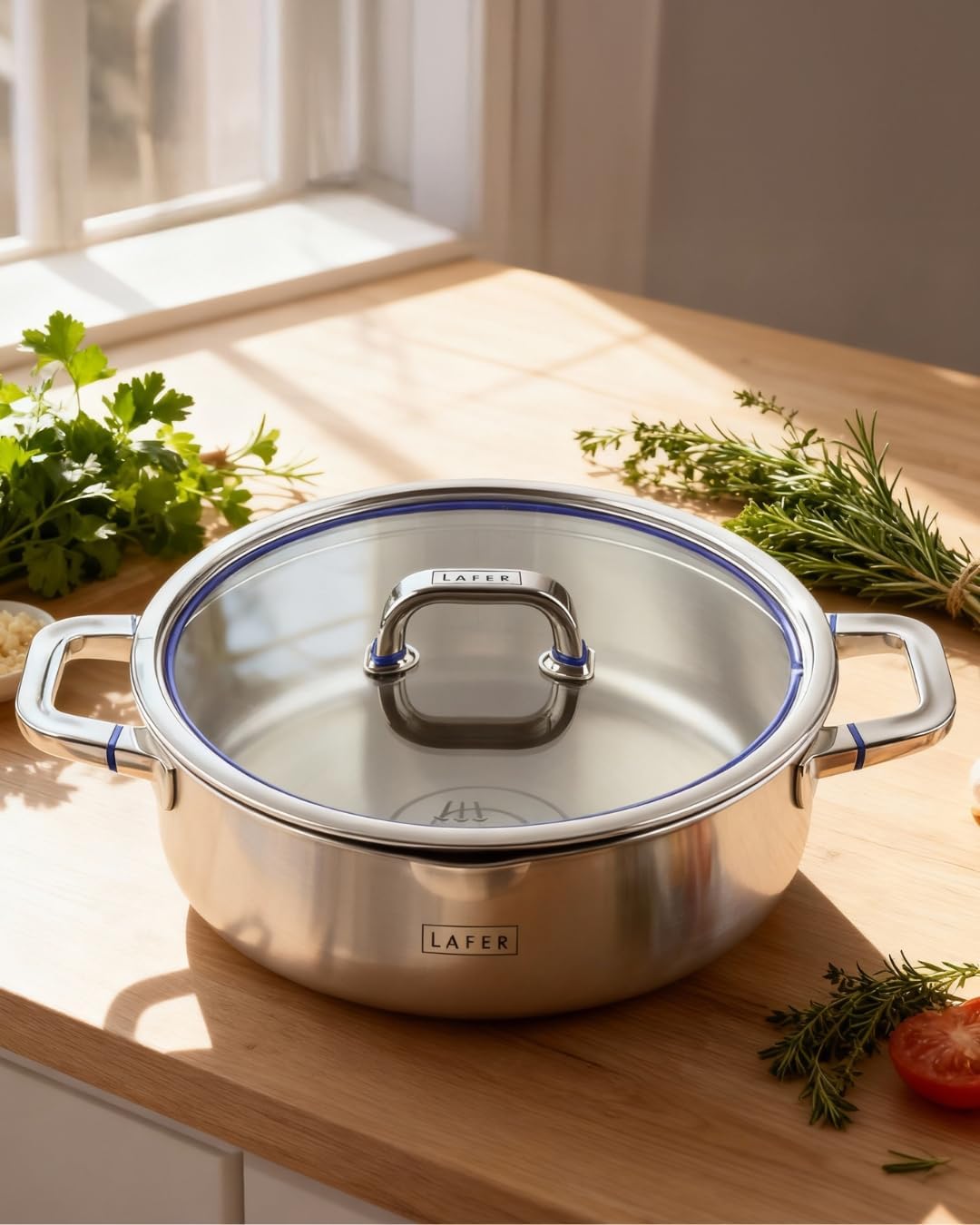 Johann Lafer – Kochtopf Induktion - Bratentopf 28 cm 4,5 L Edelstahl mit Glasdeckel | Akkutherm-Spei