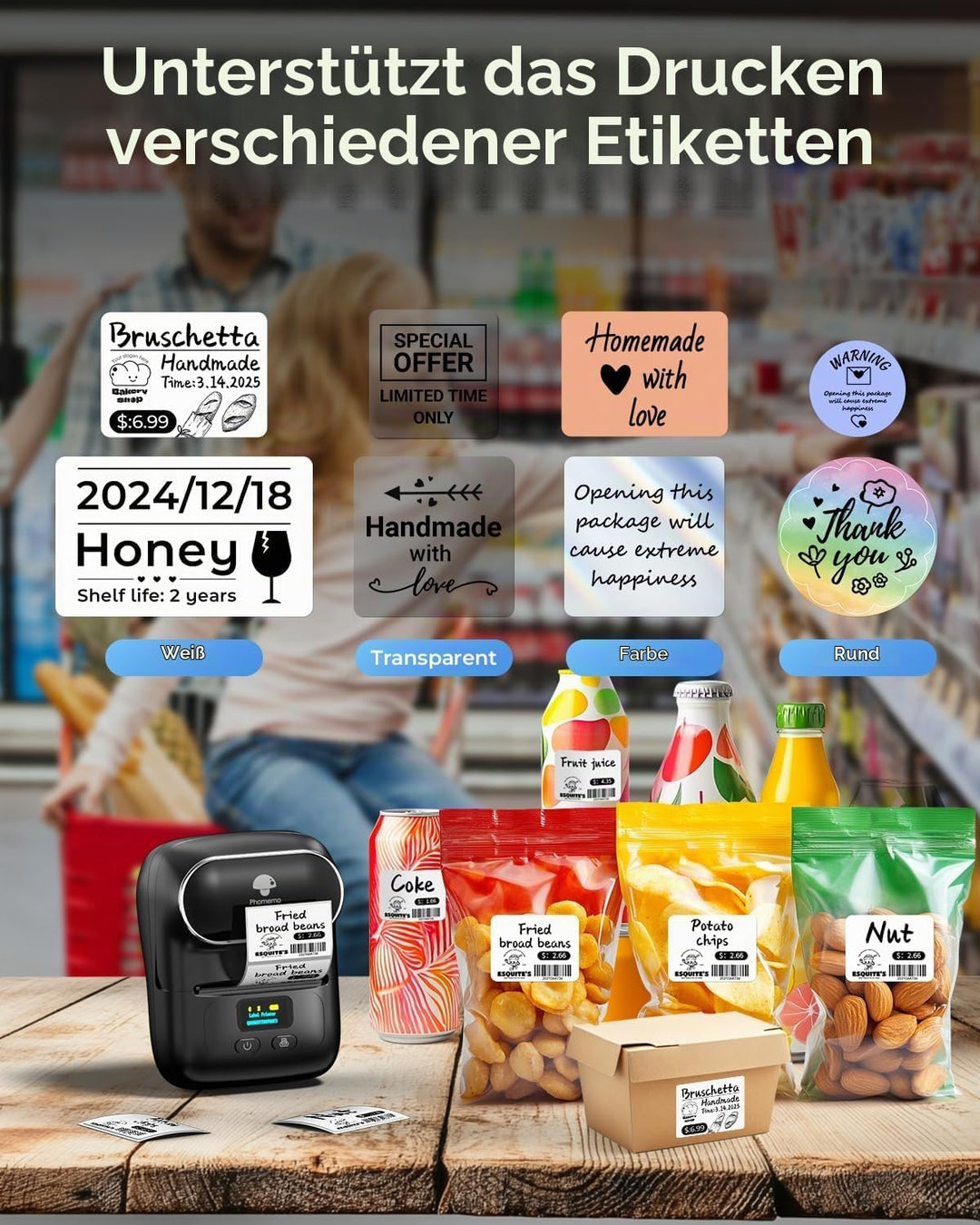 Phomemo M110 Etikettendrucker Thermo Etikettendrucker Mini Bluetooth Handheld-Drucker mit für Kleidu