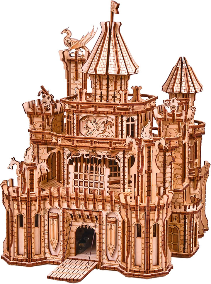 Wood Trick Dragon Castle Moveable Wooden 3D Puzzles for Adults and Kids to Build - Red LED - Greensl
