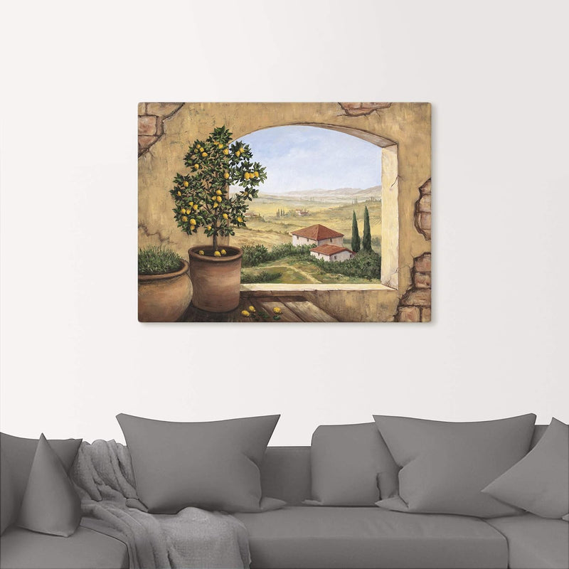 Artland Leinwandbild Wandbild Bild auf Leinwand 80x60 cm Wanddeko Fensterblick Fenster Toskana Itali