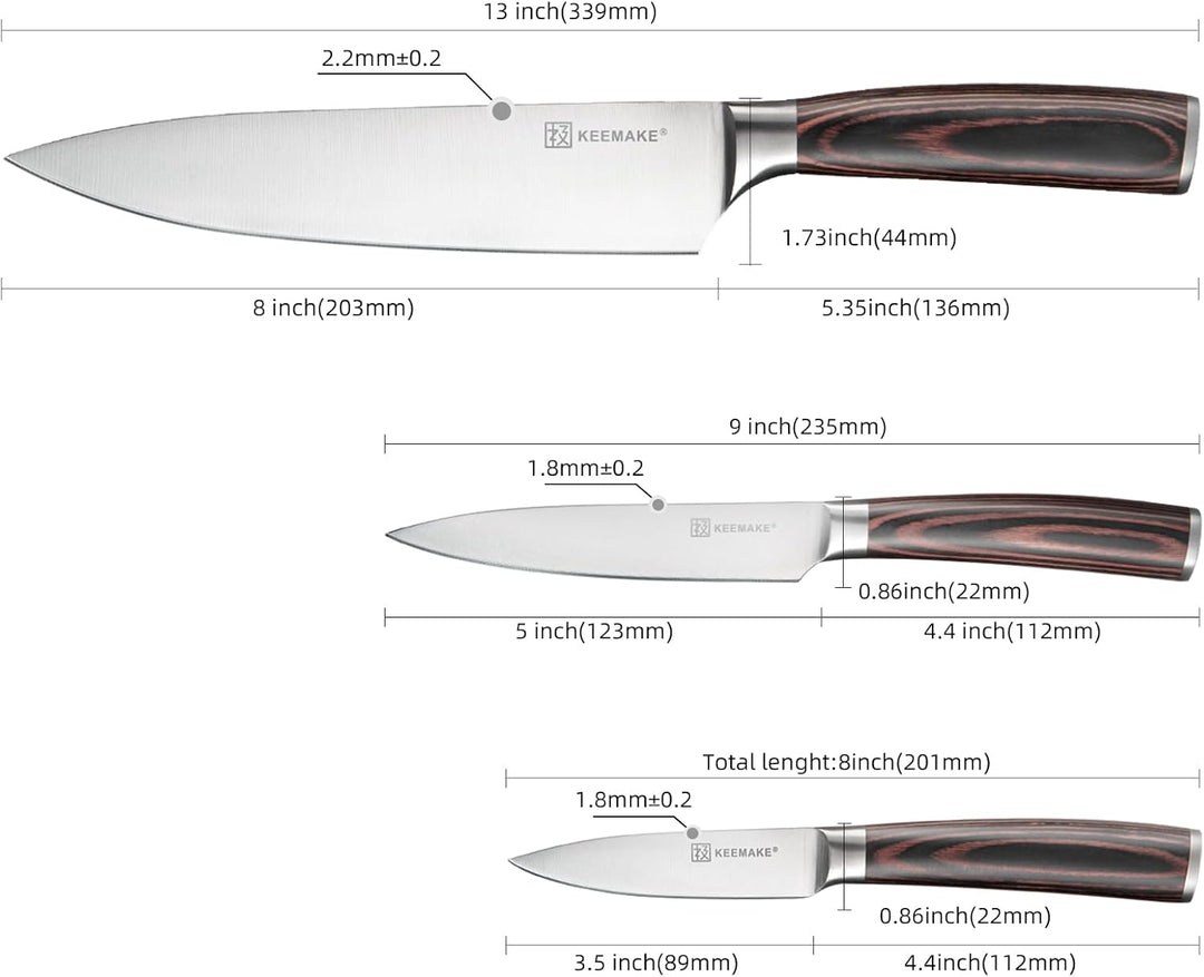 KEEMAKE Messerset Küche 3 teilig, Scharfe Messer Set mit 8-18cm Klingen gefertigt aus hochwertigem E