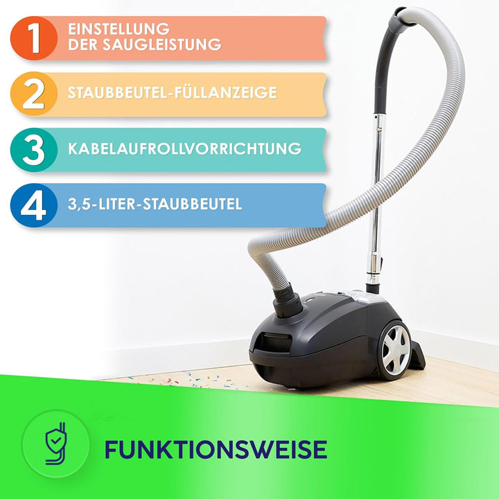 MPM Staubsauger mit Beutel MOD-54 – 5 Düsen - HEPA 13 Filter - 3,5L Staubbeutel - Teleskoprohr – Ide