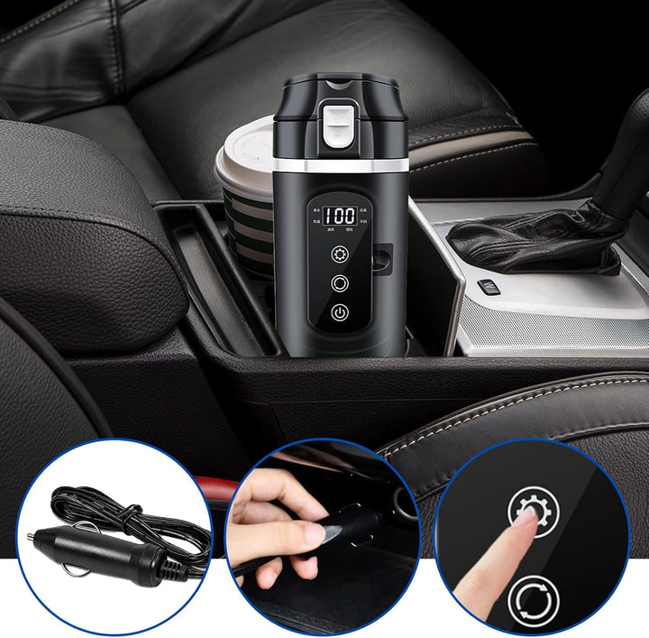 PORFOYO Wasserkocher Für Auto Reisebecher 24V/12V Elektrischer Wasserkocher 500ml Schwarz Edelstahl