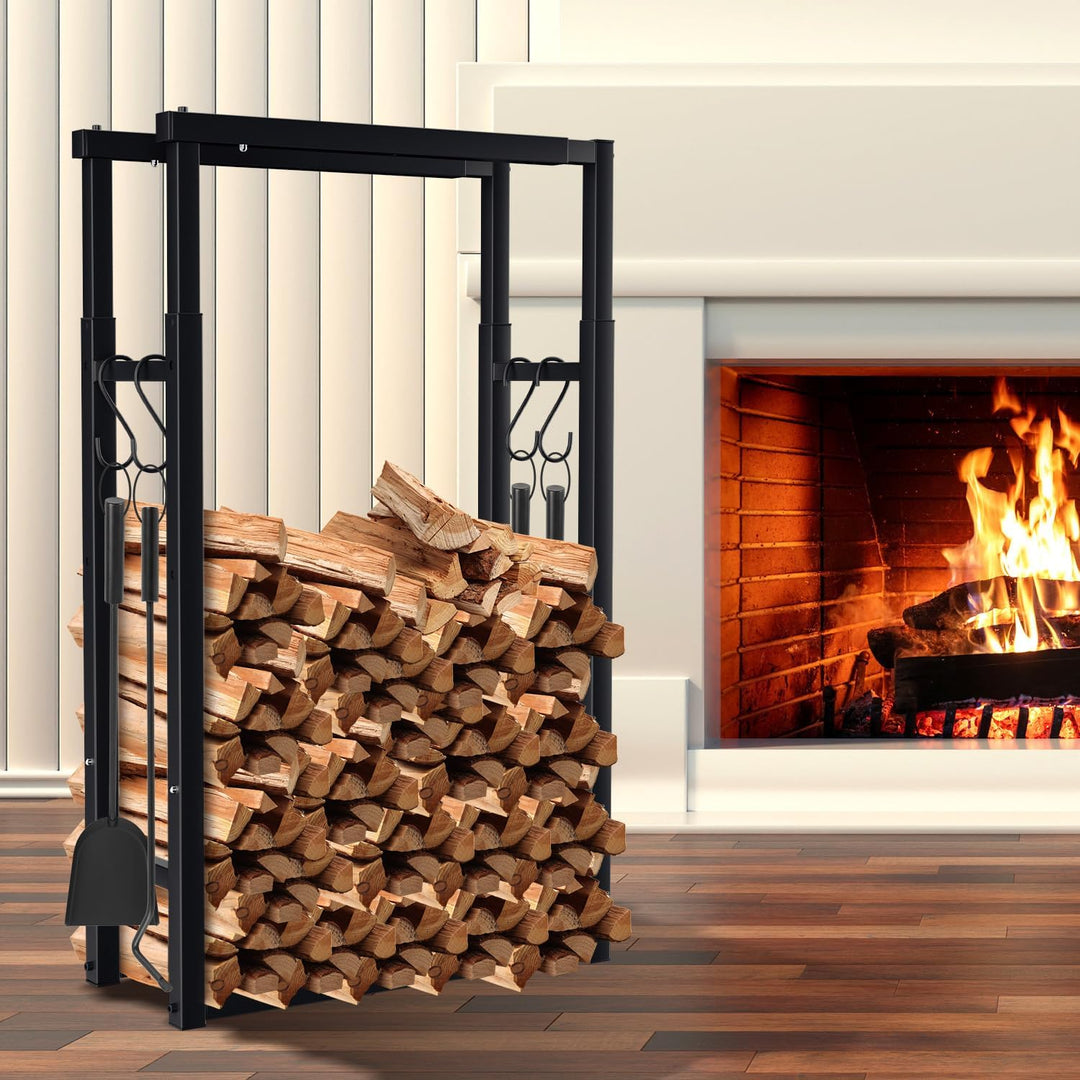 Verstellbare Kaminholzregal, 9 Grössen Einstellbar, Brennholz Holzhalter mit 4 Haken, Kaminholzständ
