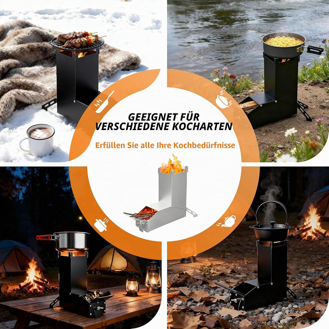 UISEBRT Raketenofen aus dickem Stahl,Tragbar Rocket Stove Stecksystem,Holzofen Campingkocher Camping