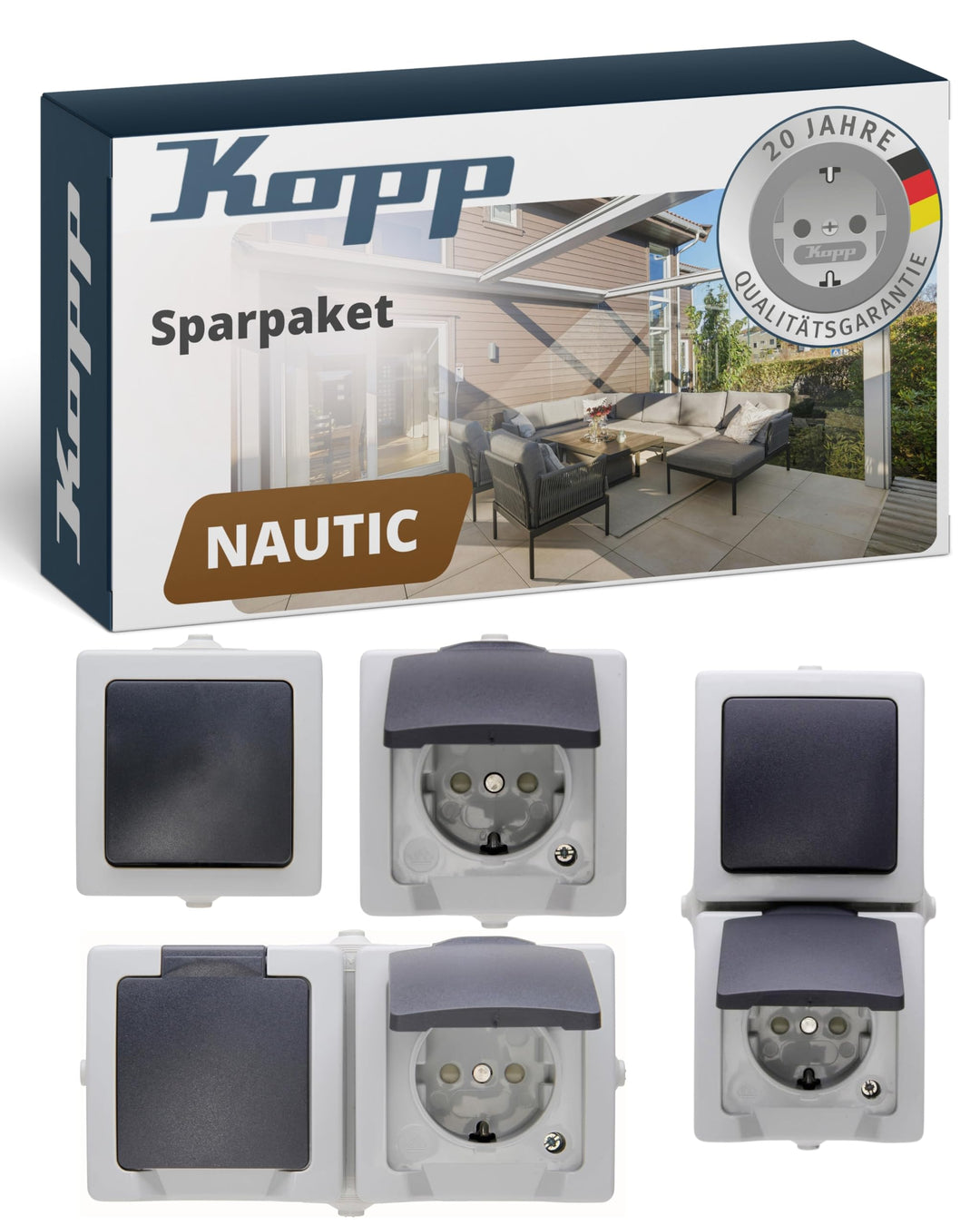 Kopp Nautic Spar-Paket grau: 2X Aus-Wechsel-Schalter + 3X 1-Fach Klappdeckel-Steckdose + 1x 2-Fach K
