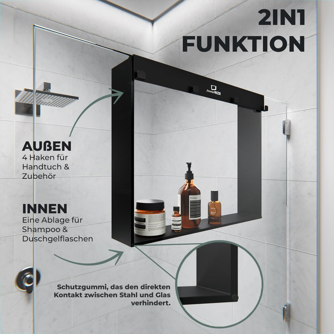 ShowerNIZR Duschregal Schwarz - Duschablage ohne Bohren für Duschwand zum Hängen aus Edelstahl mit 4
