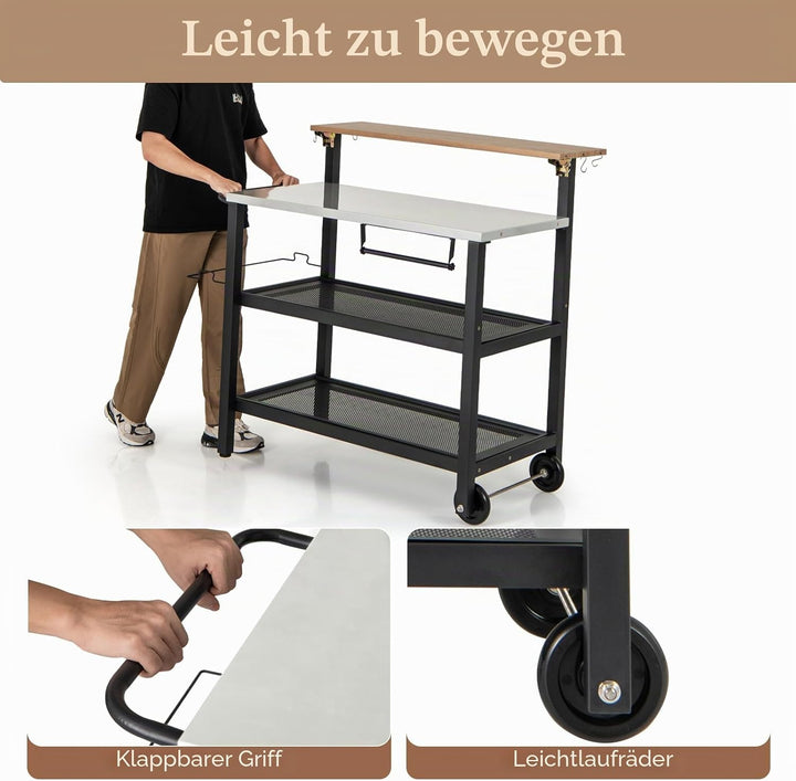 KOMFOTTEU Grillwagen mit klappbarer Tischplatte, Outdoor Servierwagen mit Haken, Handtuchhalter, Mül