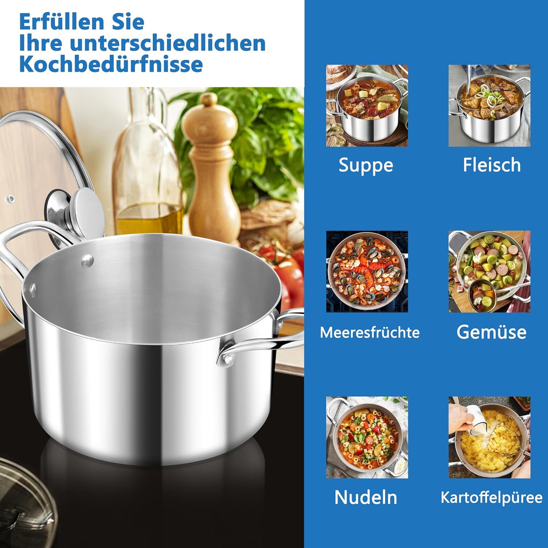 TEAMFAR Kochtopf Gross 24cm, 3-Lagen Edeastahl 5,7L Topf mit Glasdeckel für alle Herdarten, Suppento
