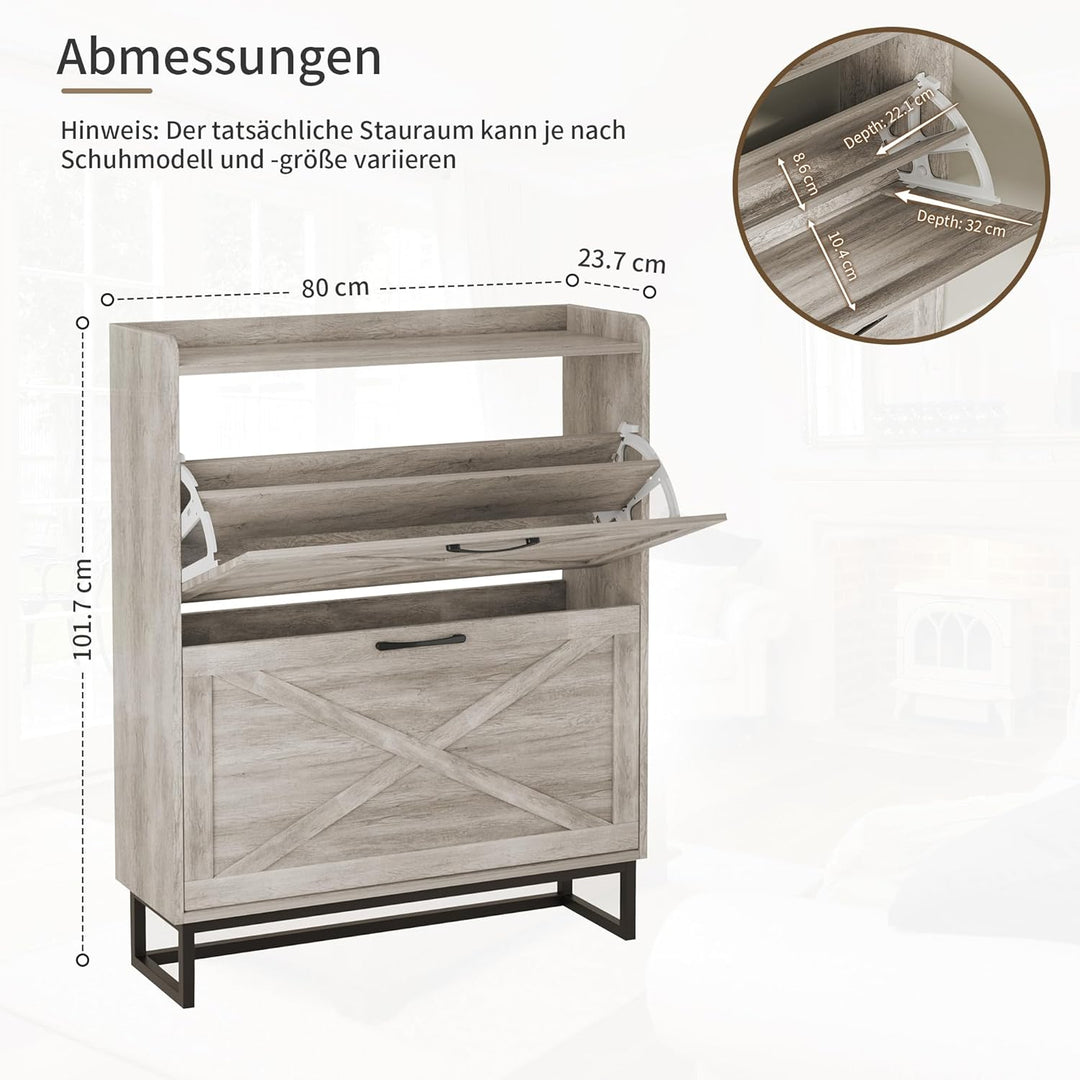 Schuhschrank schmal, Schuhkipper mit 2 Klappen, Schuhregal mit 4 Ablageflächen für Flur, Schuhkommod