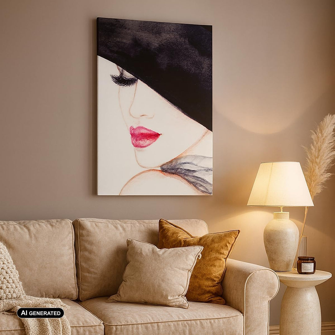 Bilder auf Leinwand Frau Lippen Hut Eleganz Leinwandbild mit Rahmen 45x80cm Wandbilder Dekoration Wo