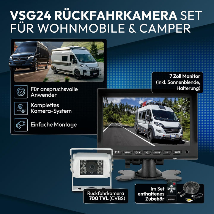 VSG24 Rückfahrkamera 7" Camper-Set inkl. Kamera, Monitor, Kabel - Wasserdicht Nachtsicht 12V-24V Ein