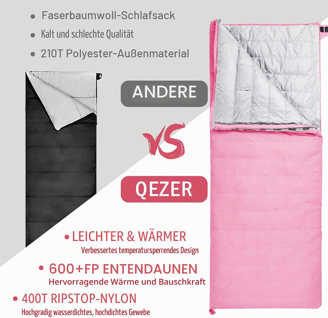 QEZER Daunenschlafsack Ultraleicht Deckenschlafsack kleines Packmass für Camping und Trekking 3 Jahr