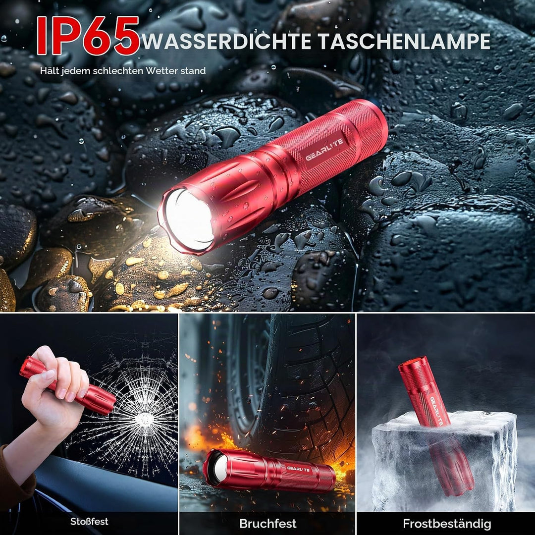 GEARLITE LED Taschenlampe Batteriebetrieben 2 Stücke, 2000 Lumen Extrem Hell Mit 5 Modi, IP65 Wasser