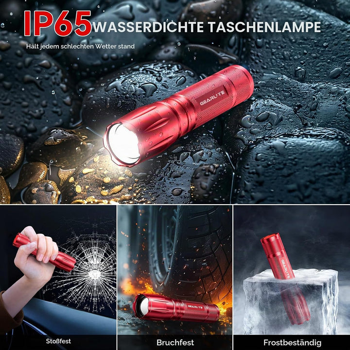 GEARLITE LED Taschenlampe Batteriebetrieben 2 Stücke, 2000 Lumen Extrem Hell Mit 5 Modi, IP65 Wasser