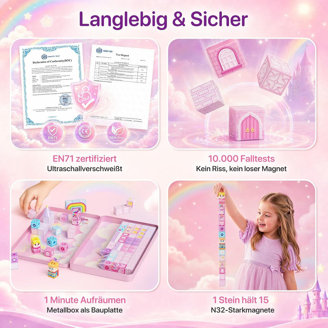 burgkidz Magnetische Bausteine Einhorn Reiseset: 100 Teile für Mädchen | Magnetspielzeug mit Metalld