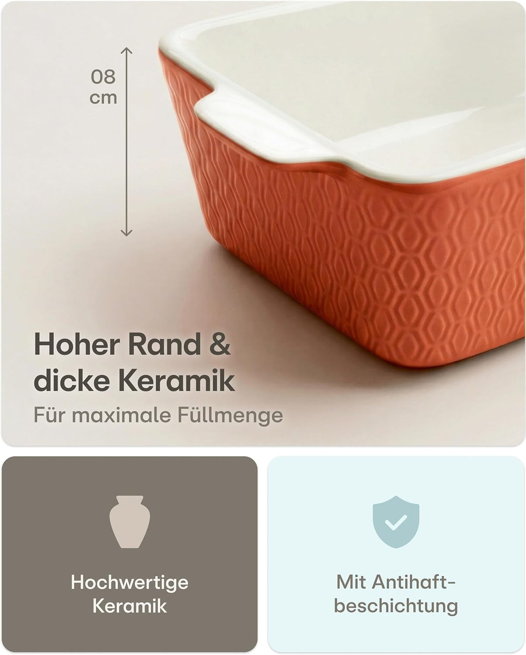 Auflaufform Gross aus Keramik - Extra Hoher Rand - Für Lasagne, Tiramisu & Auflauf - Eckig - Rot, Ro