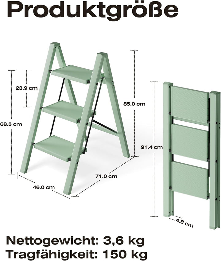 Trittleiter 3 Stufen klappbar,Tritthocker aus Aluminium | 150 kg Tragfähigkeit,Leiter mit rutschfest