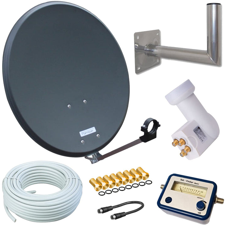 HD Sat Anlage 80 cm Spiegel + Opticum Quad LNB für 4 Teilnehmer + 50m Kabel + 40cm Wandhalter + SAT