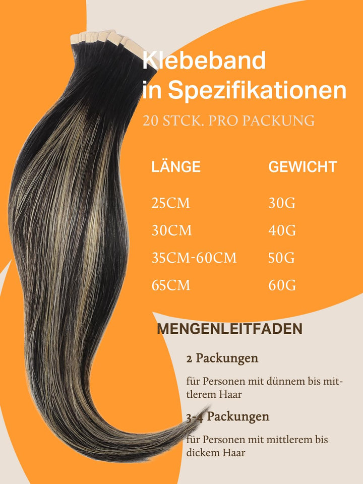 DOORES Extensions Echthaar Tape in, Balayage Natürliches Schwarz bis Hellblond 30cm (12zoll) 40g 20p