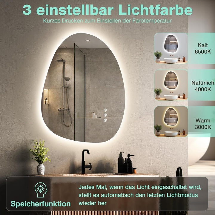 Asymmetrischer Badspiegel mit Beleuchtung 65×50 cm, Antibeschlag, 3 Lichtfarben, Dimmbar, IP44 Wasse