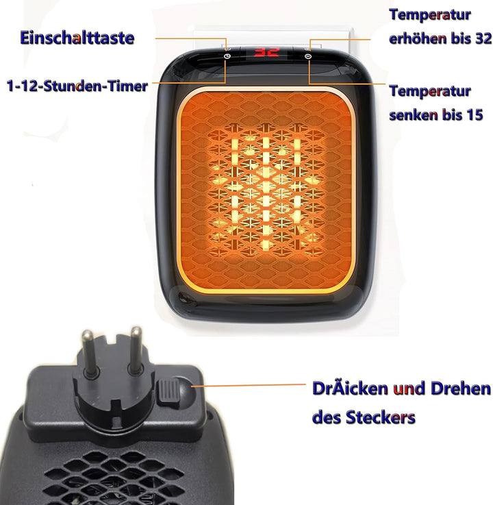 Steckdosen Heizlüfter mit Fernbedienung,Mini Keramik Heizlüfter Bad Energiesparend Leise Heizung1200