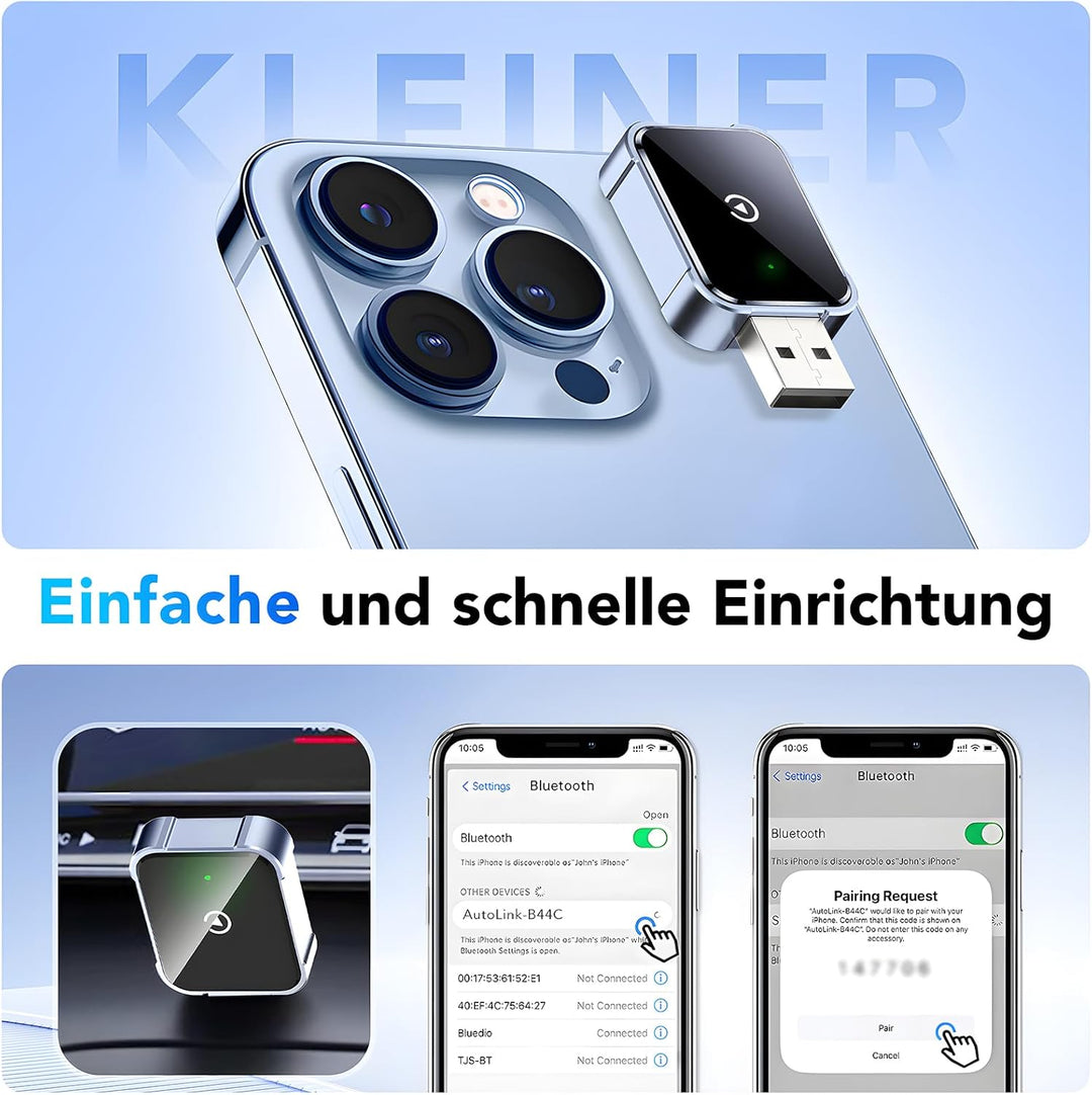 Wireless CarPlay Adapter iPhone | Kabellos Auto Apple CarPlay Dongle | Plug & Play | Mini Design | A