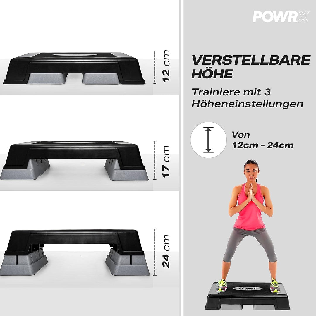 POWRX Aerobic Steppbrett 12/17/24cm (3 Stufen) I Steppbrett für zuhause höhenverstellbar und rutschf