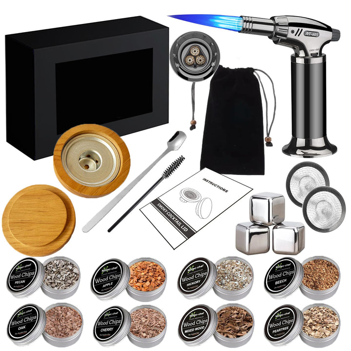 Cocktail Räucher-Set – Whisky Räuchersystem mit 8 Holzsorten & Zubehör – Flygragon Professioneller S