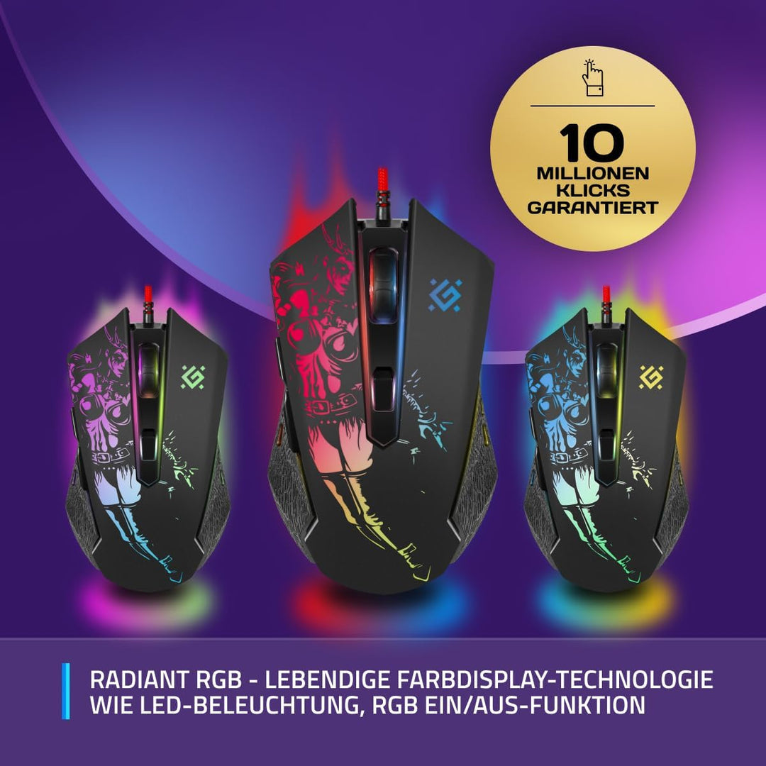 Defender Sin’Sister GM-933 Gaming Maus - Ergonomische, Kabelgebundene PC Maus mit Seitentasten, 7200