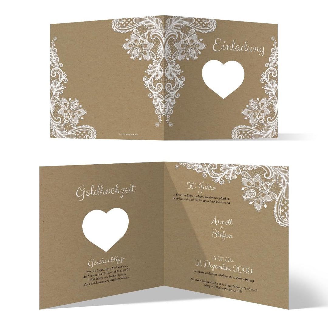 Kartenmachen.de 10 x Lasergeschnittene Hochzeitseinladungen Goldhochzeit goldene Hochzeit Einladung
