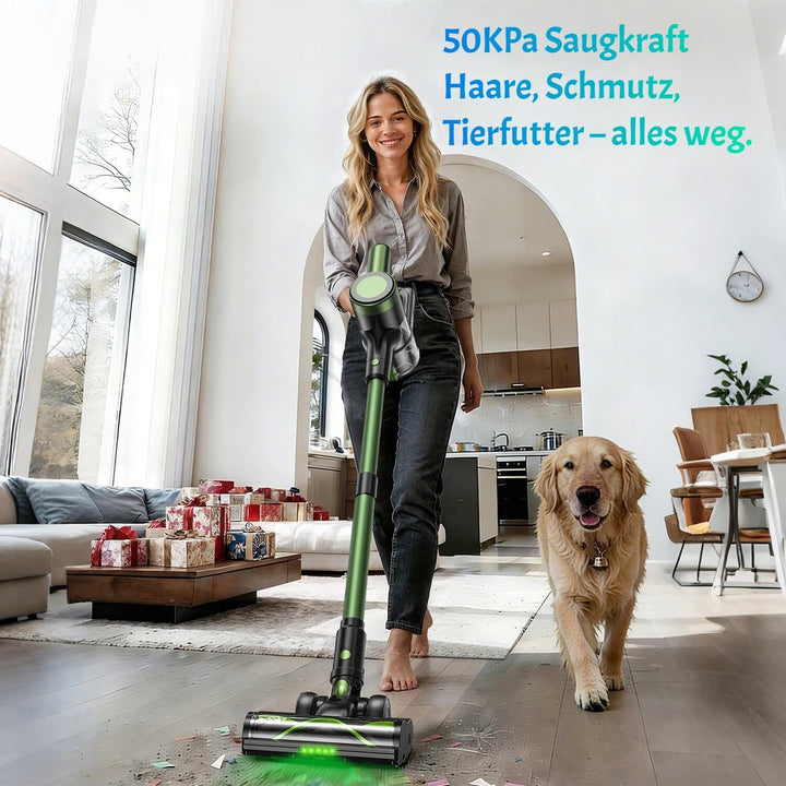Akku Staubsauger 50KPa/500W/55Mins, Staubsauger Kabellos mit Wandmontierte Ladestation, Selbststehen