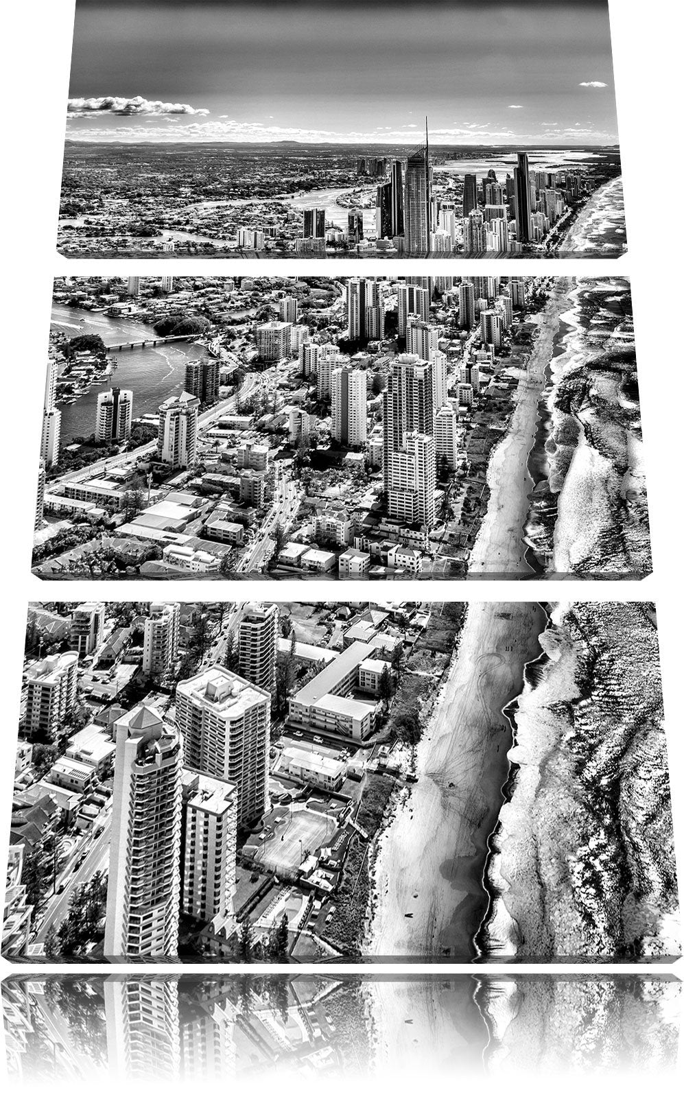 Pixxprint Monocrome, Hochhäuser am Strand 3-Teiler Leinwandbild 120x80 Bild auf Leinwand