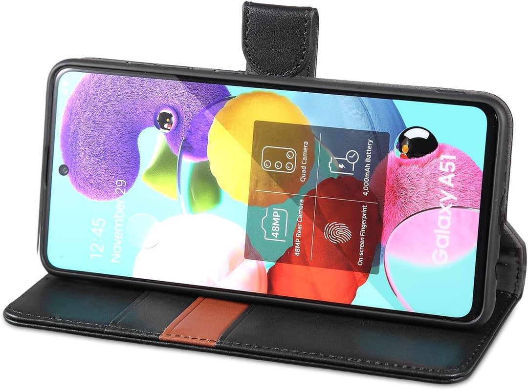 LENSUN Echtleder Hülle für Samsung Galaxy A51 4G, Handyhülle [Echtes Leder] [Magnetverschluss] [RFID