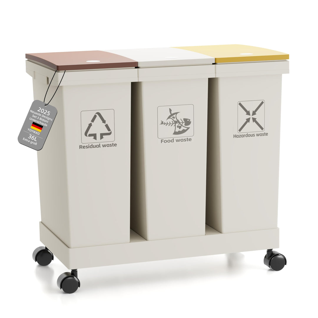 3-er Mülleimer-Set Küche Mülltrennsystem 3x Mülleimer mit Deckel, 3 X 12L, herausnehmbare Recycling-