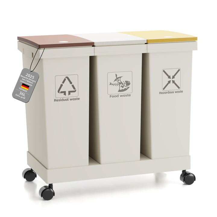 3-er Mülleimer-Set Küche Mülltrennsystem 3x Mülleimer mit Deckel, 3 X 12L, herausnehmbare Recycling-