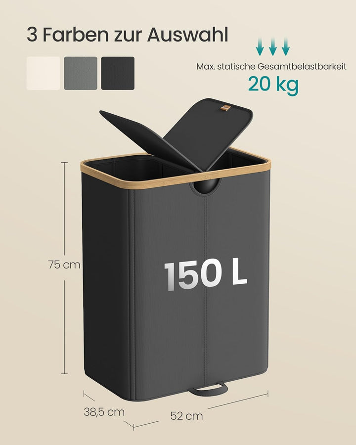 SONGMICS Wäschekorb 2 Fächer, Wäschesammler, 150 Liter, Wäschesortierer mit Deckel, Wäschetonne, Wäs