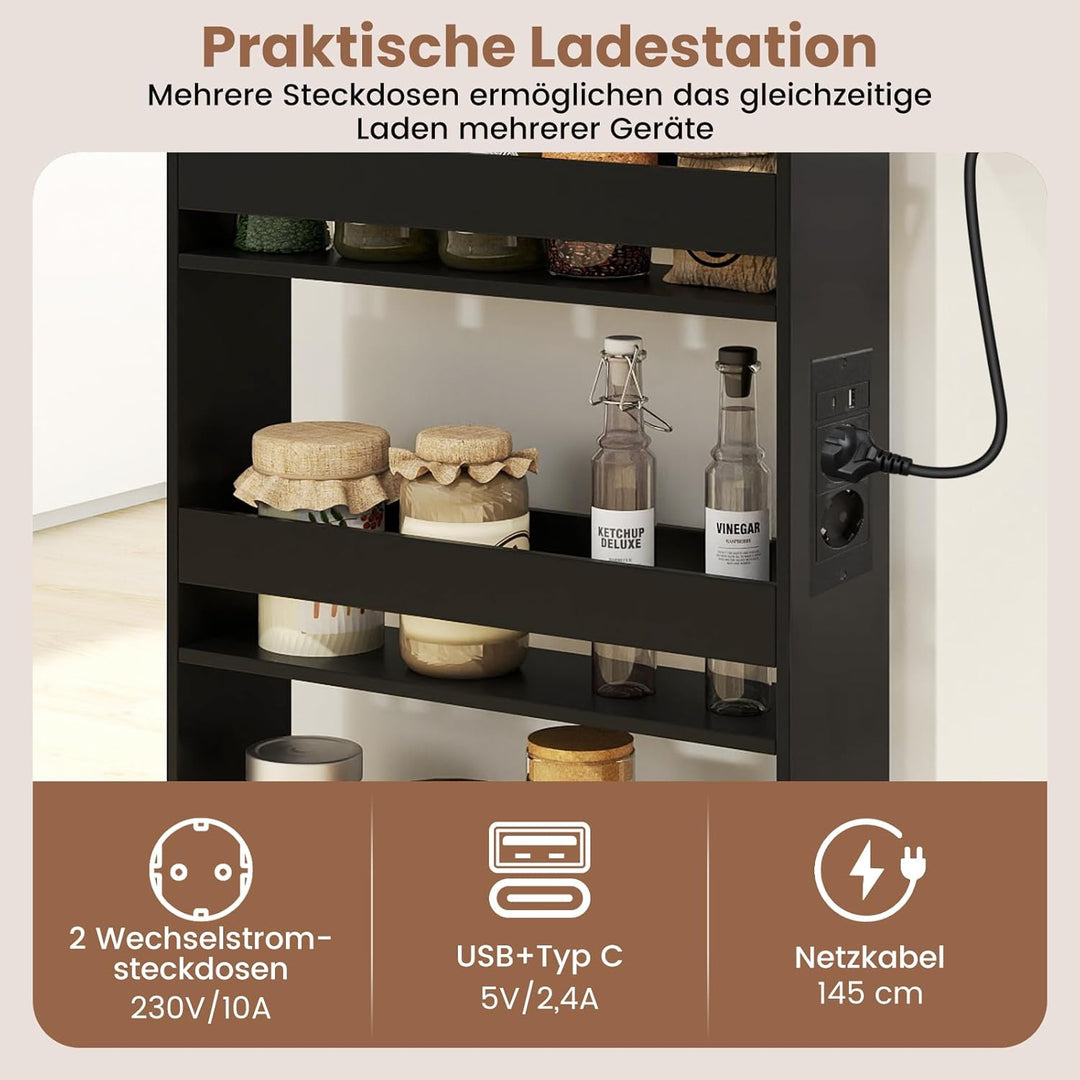 COSTWAY Nischenwagen 13cm breit, 4 Etagen Küchenwagen schmal mit Ladestation, Nischenregal auf Rolle